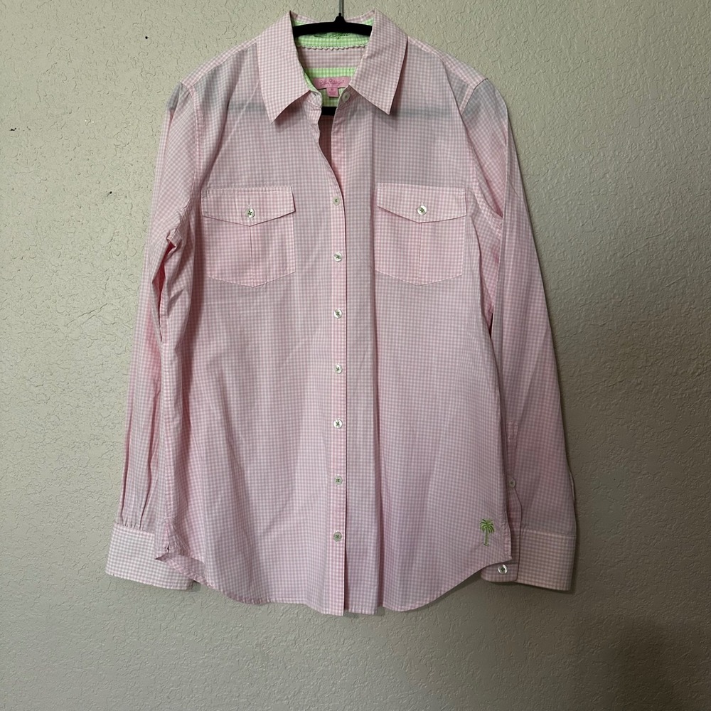 Lilly Pulitzer Pink‎ Gingham Long Sleeve Button Down Shirt Palm Tree